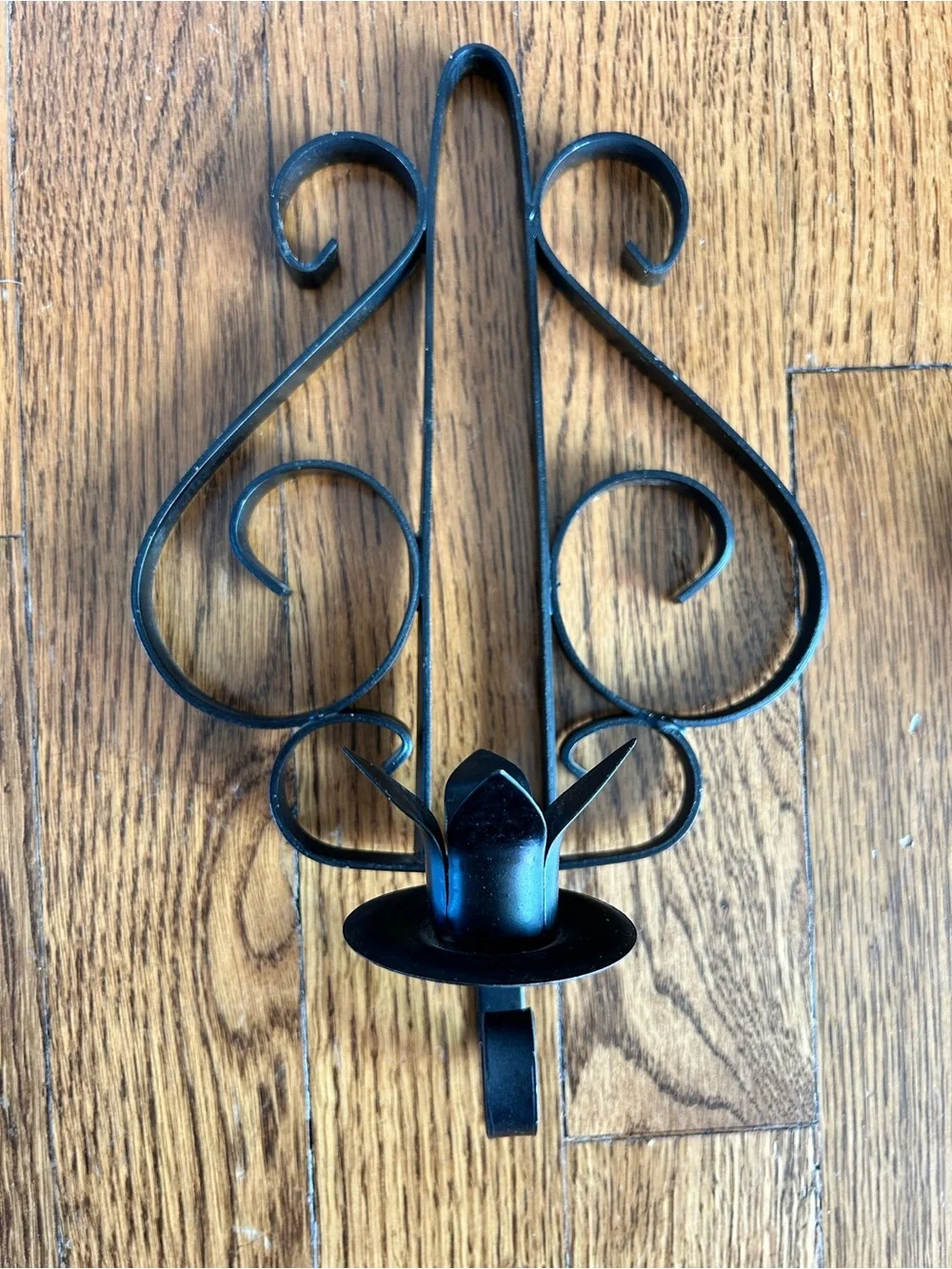 Matching Pair of Vintage Black Wrought Iron Metal Wall Candle Sconces